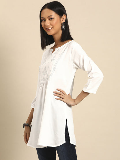 Women White Embroidered Yoke Straight Tunic With Three Quarter Sleeves