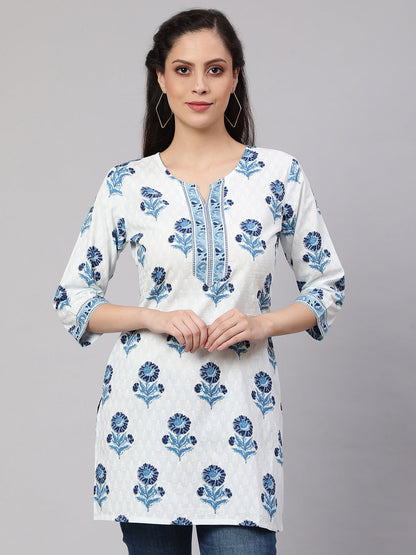 Women Off White Printed Straight Tunic With Three Quarter Sleeves