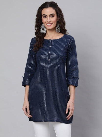 Women Navy Blue Stripe Straight Tunic