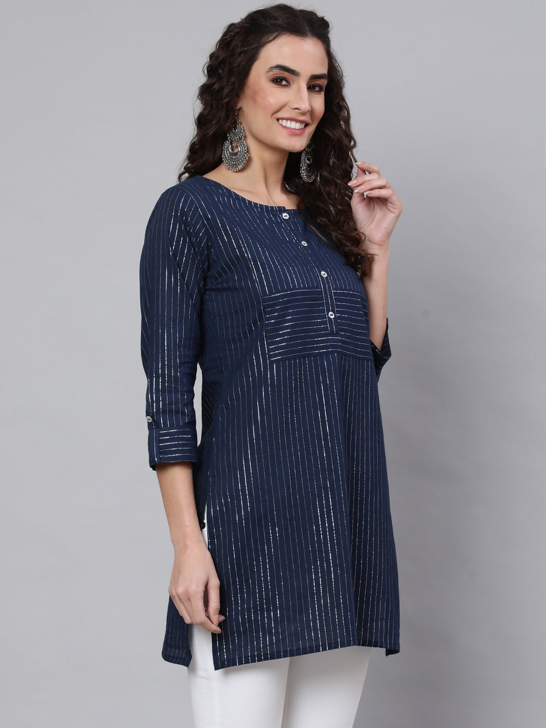 Women Navy Blue Stripe Straight Tunic