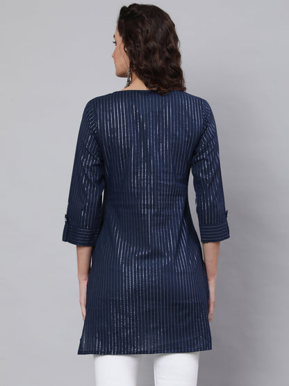 Women Navy Blue Stripe Straight Tunic