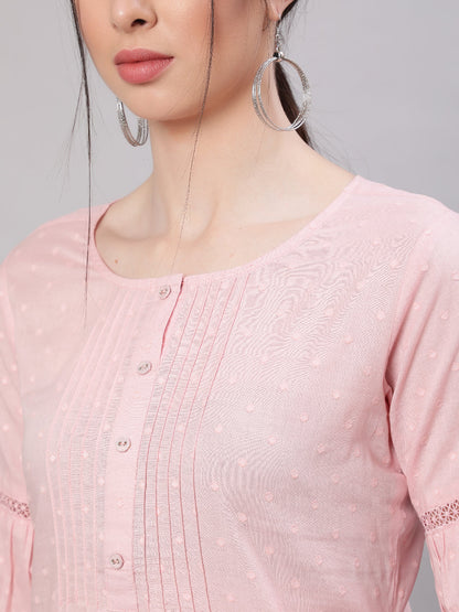 Women Pink Straight Tunic With Three Quarter Sleeves