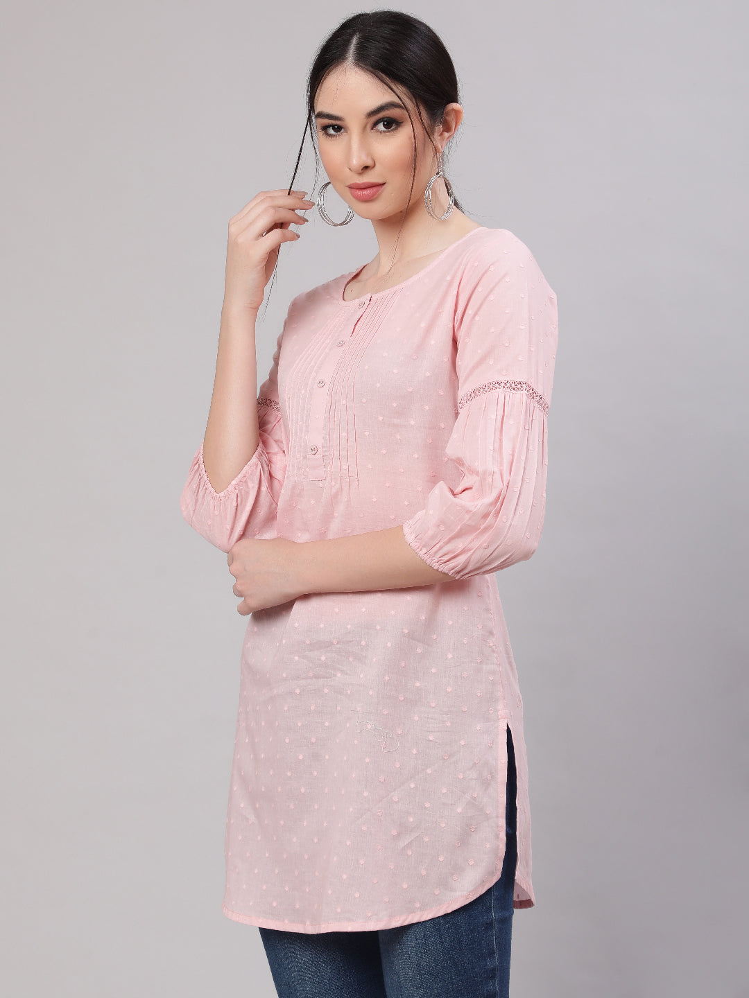 Women Pink Straight Tunic With Three Quarter Sleeves