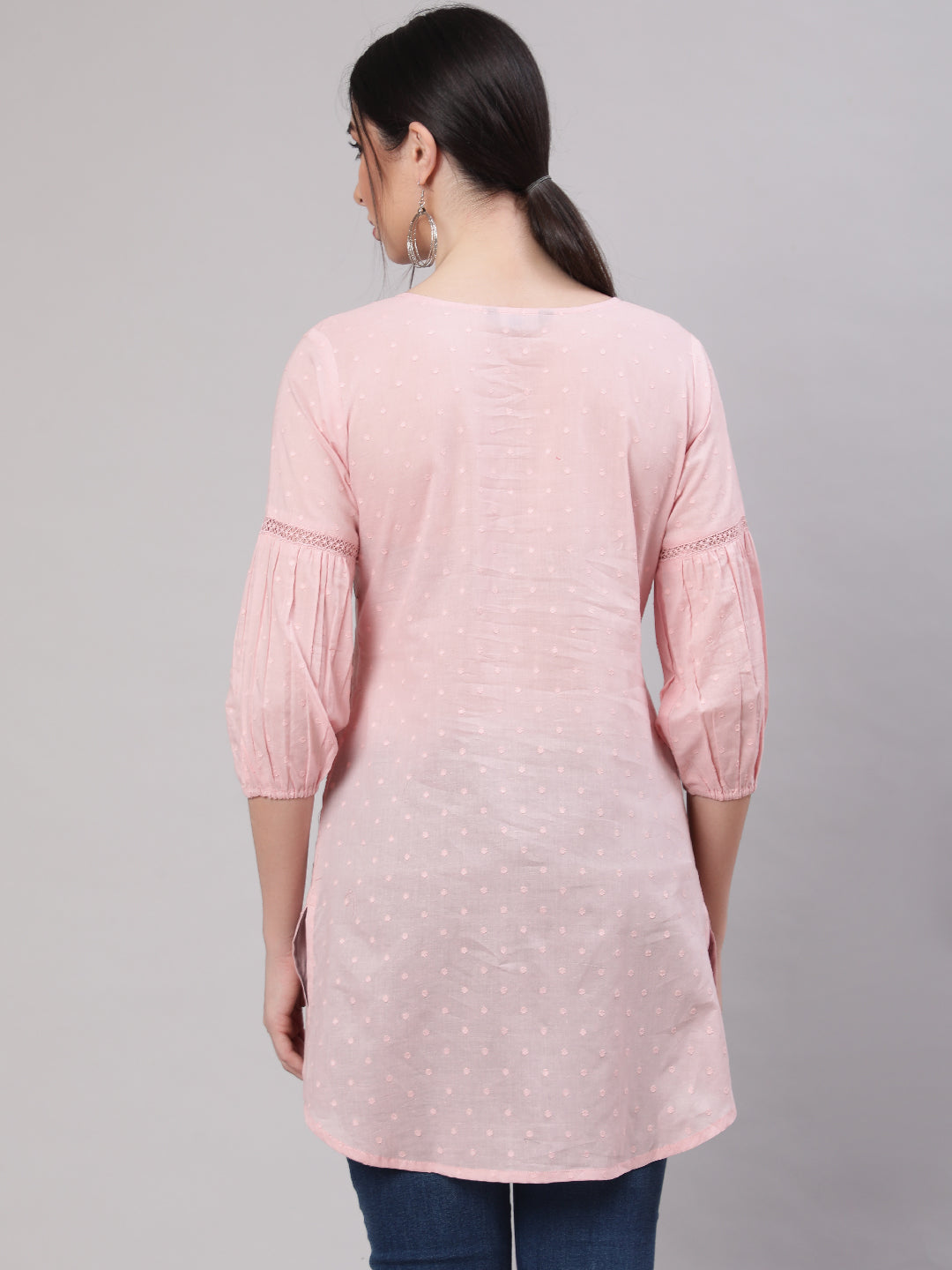 Women Pink Straight Tunic With Three Quarter Sleeves