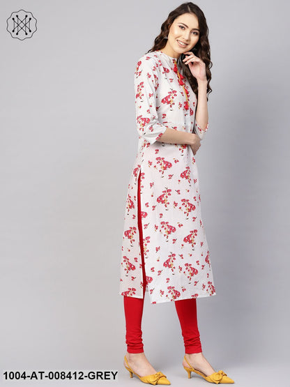 Ice Blue And Pink Floral Printed Collared 3/4Th Sleeves Straight Kurta With Front Tassel Detailing