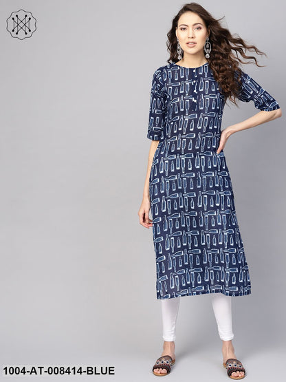 Indigo Quirky Printed Round Neck 3/4Th Sleeves Straight Kurta