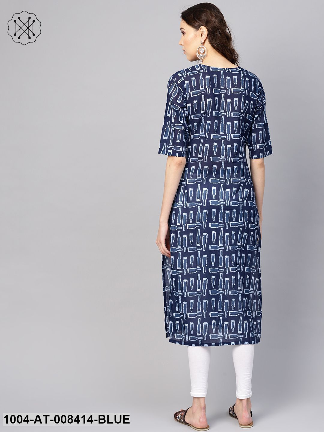 Indigo Quirky Printed Round Neck 3/4Th Sleeves Straight Kurta