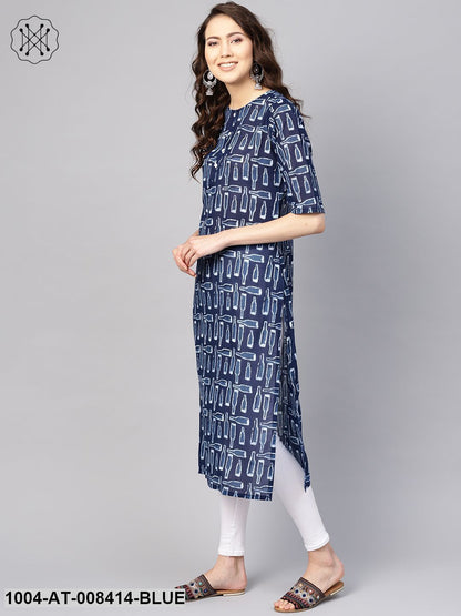 Indigo Quirky Printed Round Neck 3/4Th Sleeves Straight Kurta