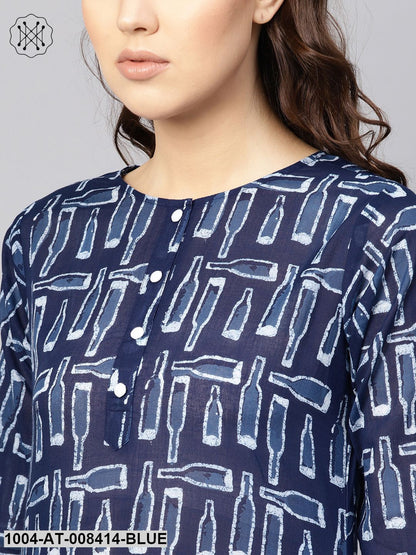 Indigo Quirky Printed Round Neck 3/4Th Sleeves Straight Kurta