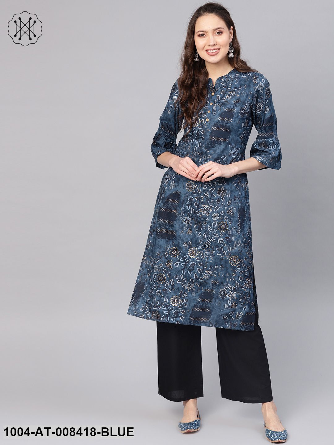 Teal Blue Gold Floral Printed Straight Kurta With Mandarin Collar & 3/4 Sleeves