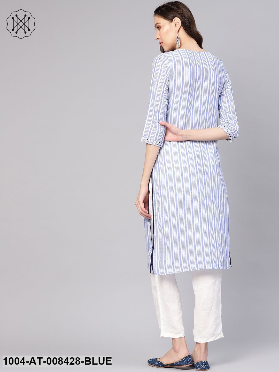 Blue Striped 3/4Th Sleeve Cotton Straight Kurta