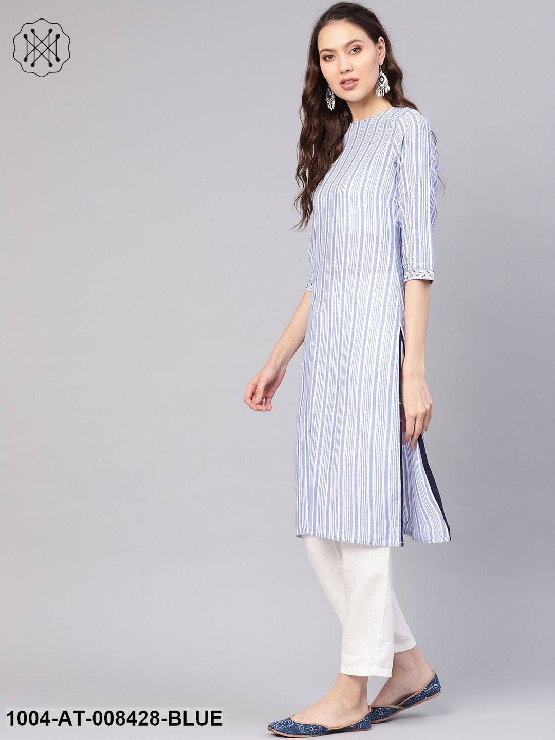 Blue Striped 3/4Th Sleeve Cotton Straight Kurta