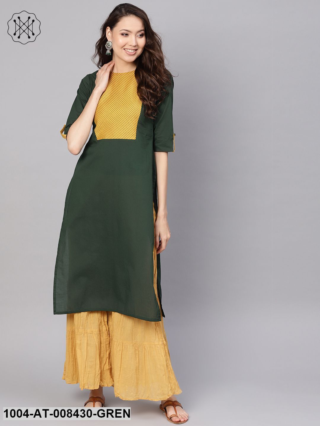 Solid Bottle Green Round Neck Straight Kurta With Printed Yoke