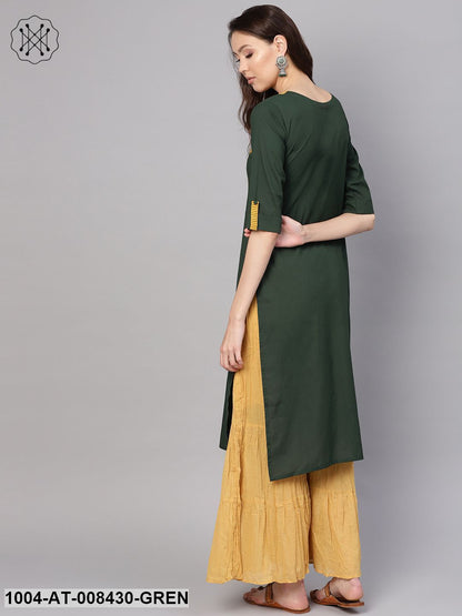 Solid Bottle Green Round Neck Straight Kurta With Printed Yoke