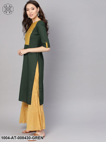 Solid Bottle Green Round Neck Straight Kurta With Printed Yoke