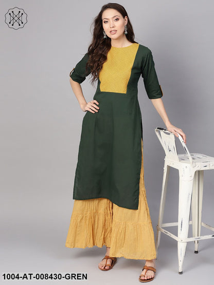 Solid Bottle Green Round Neck Straight Kurta With Printed Yoke