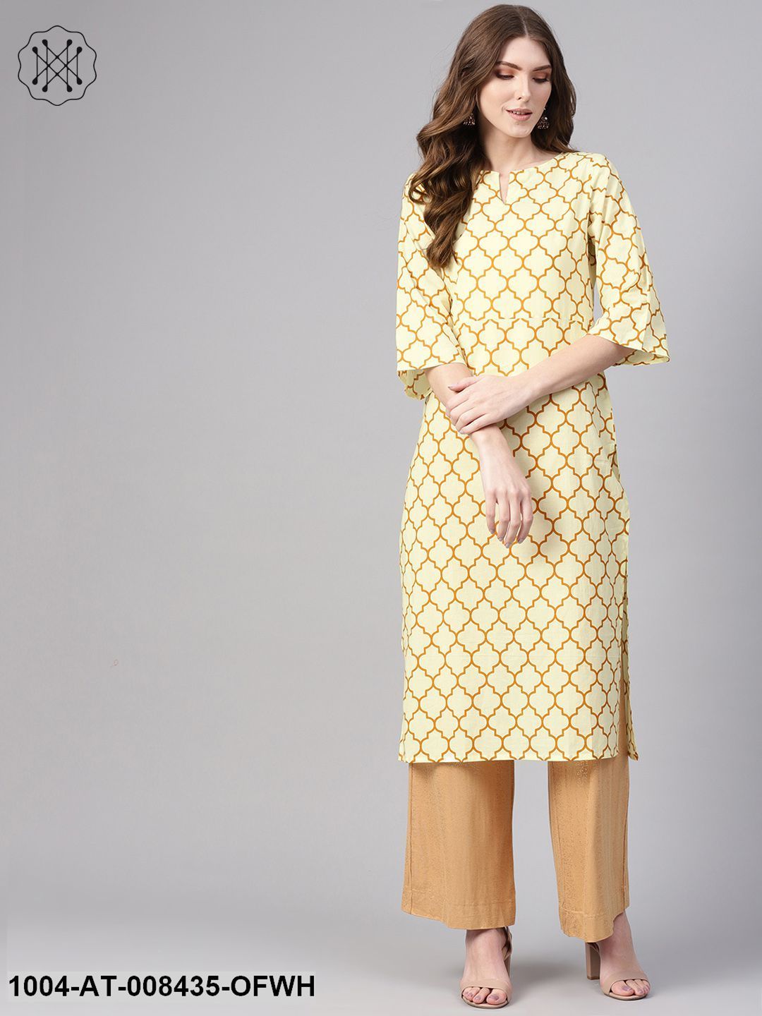 Off White And Yellow 3/4Th Sleeve Cotton Straight Kurta