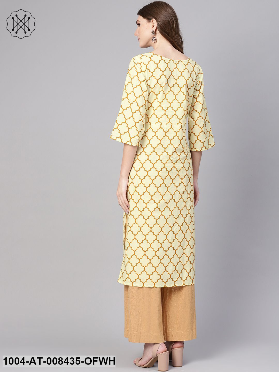 Off White And Yellow 3/4Th Sleeve Cotton Straight Kurta