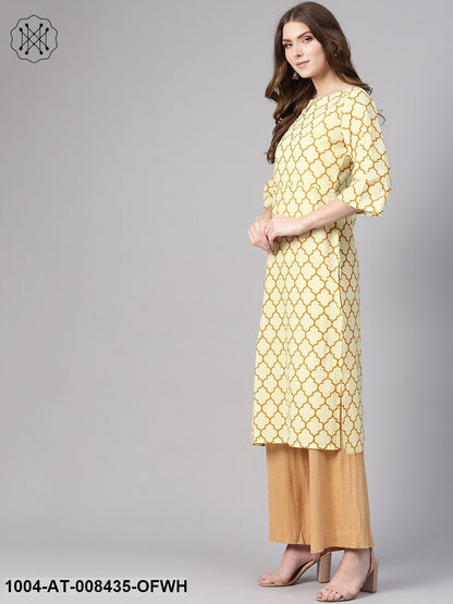 Off White And Yellow 3/4Th Sleeve Cotton Straight Kurta