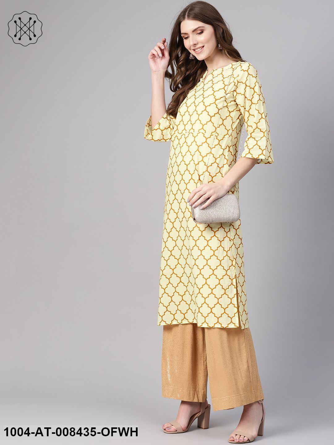 Off White And Yellow 3/4Th Sleeve Cotton Straight Kurta