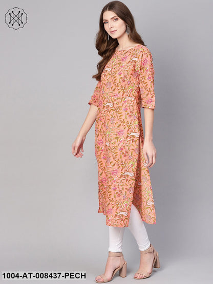 Peach Floral Printed 3/4Th Sleeves Multi Slit Straight Cotton Kurta