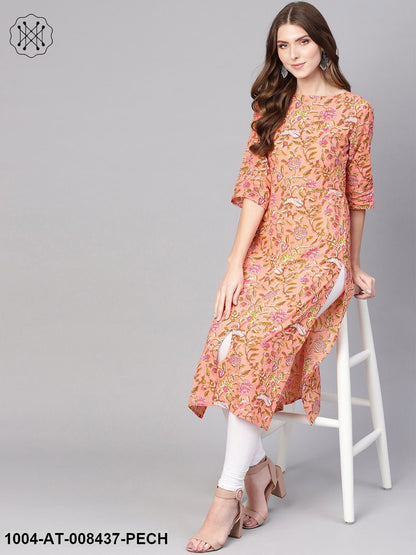 Peach Floral Printed 3/4Th Sleeves Multi Slit Straight Cotton Kurta