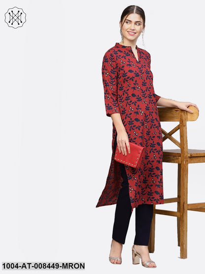 Maroon Printed 3/4Th Sleeve Cotton Kurta