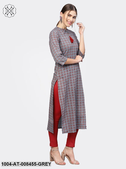 Grey Printed Full Sleeve Cotton Straight Kurta