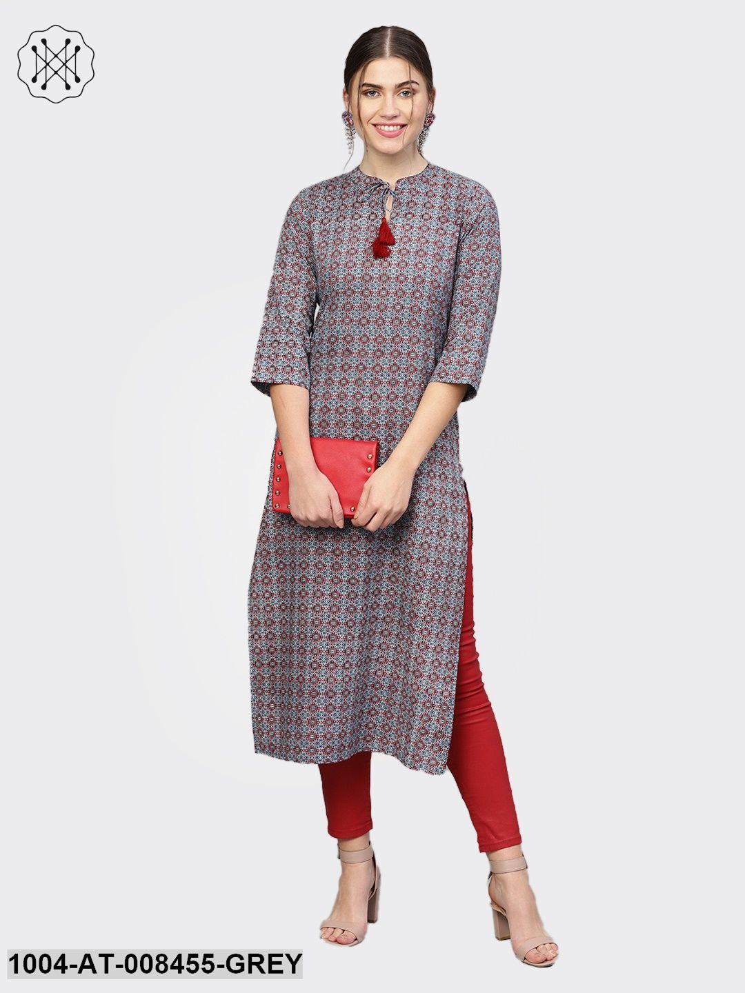 Grey Printed Full Sleeve Cotton Straight Kurta