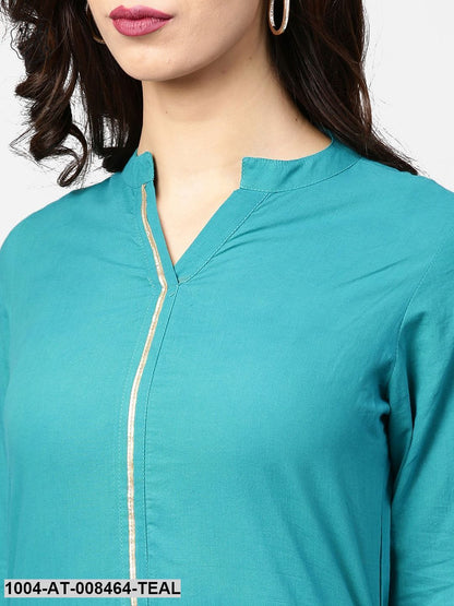 Teal Blue 3/4Th Sleeve Cotton Kurta