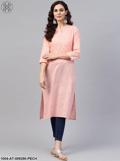 Peach 3/4Th Sleeve Cotton Mandarin Collor Kurta