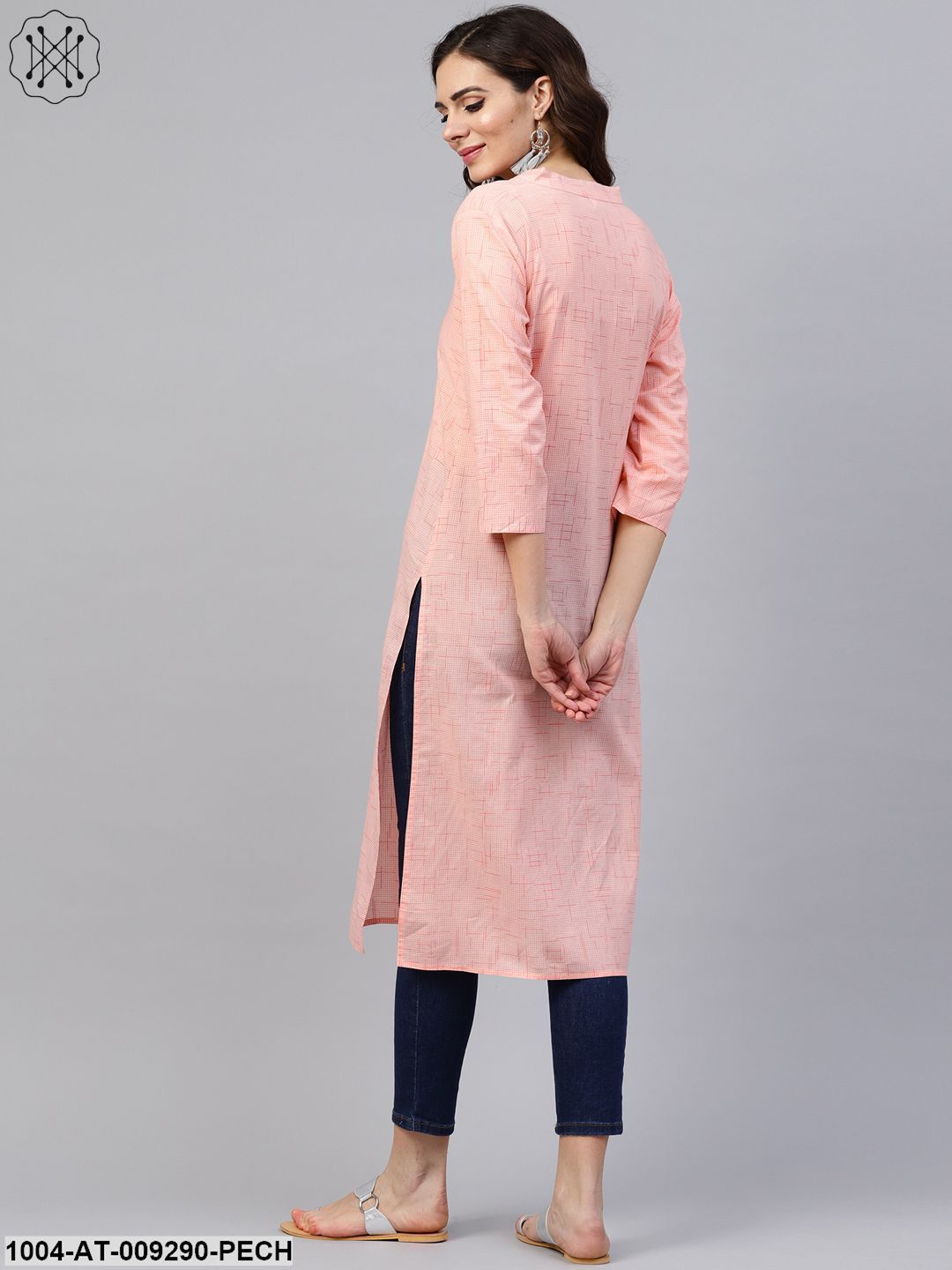 Peach 3/4Th Sleeve Cotton Mandarin Collor Kurta