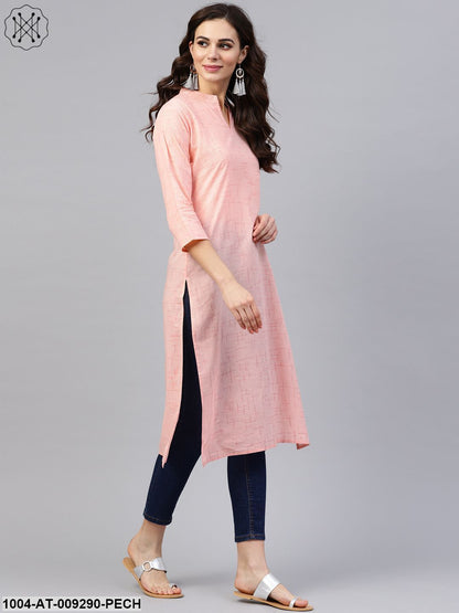 Peach 3/4Th Sleeve Cotton Mandarin Collor Kurta