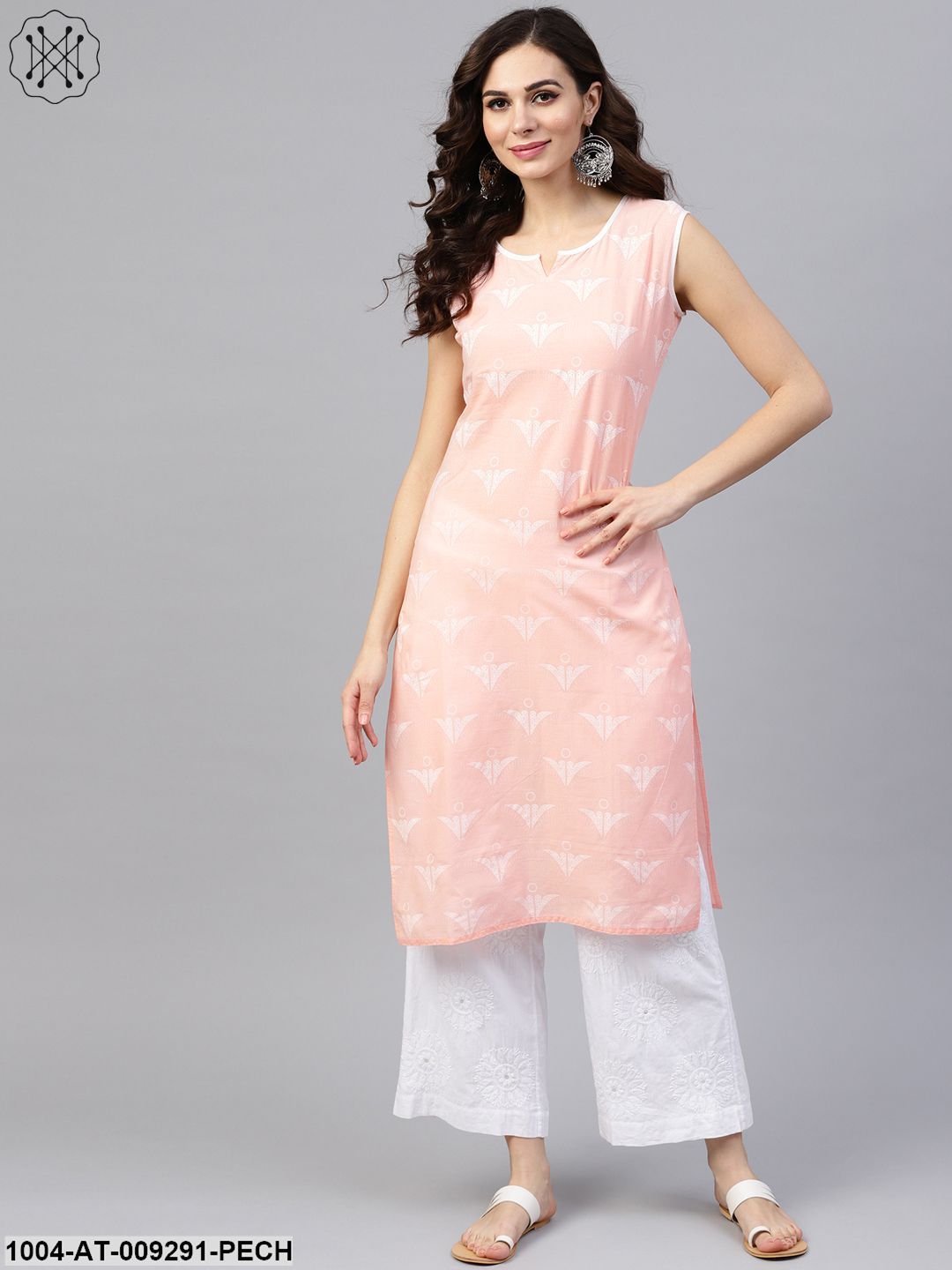 Peach Sleeveless Cotton Printed Kurta