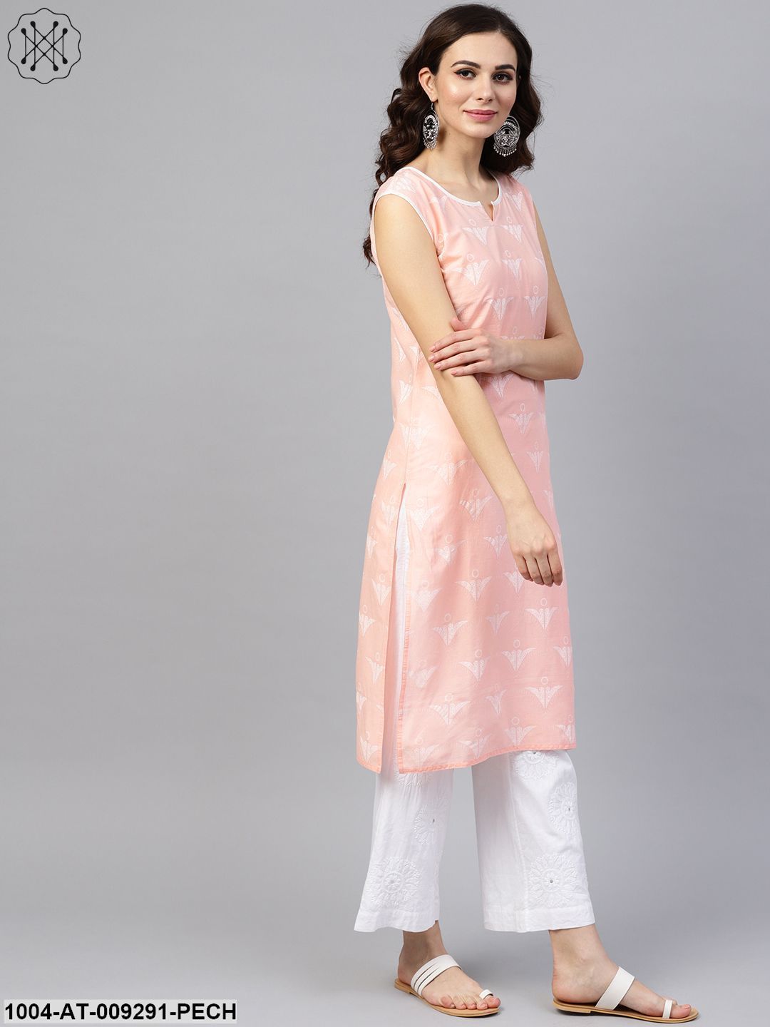 Peach Sleeveless Cotton Printed Kurta