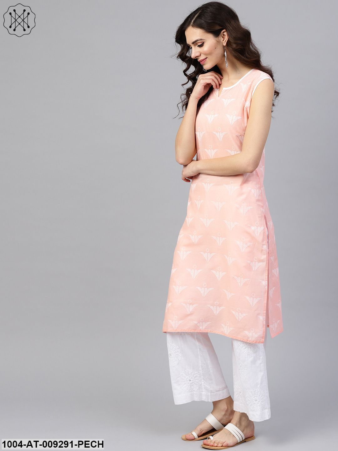 Peach Sleeveless Cotton Printed Kurta