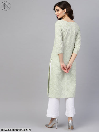 Green Printed 3/4Th Sleeve Cotton Printed Straight Kurta