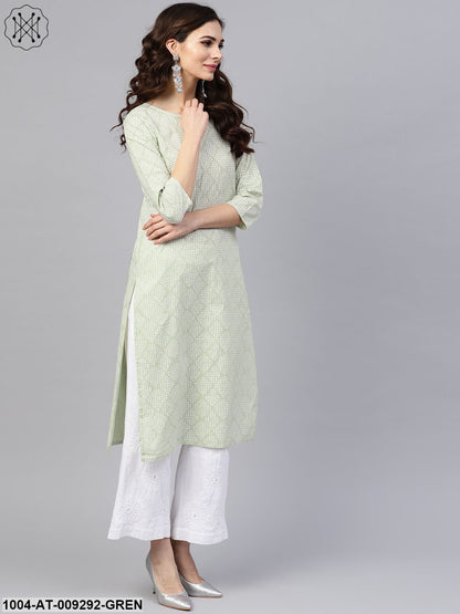 Green Printed 3/4Th Sleeve Cotton Printed Straight Kurta