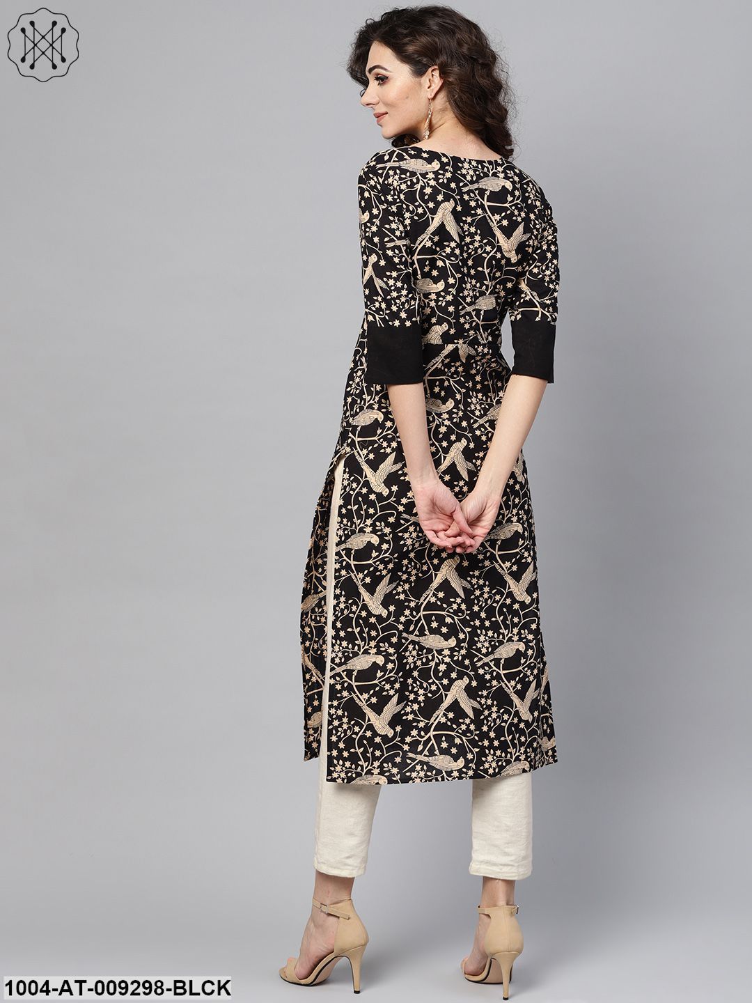 Black & Beige Printed Straight Kurta With Round Neck & Solid Black Cuff Detailing