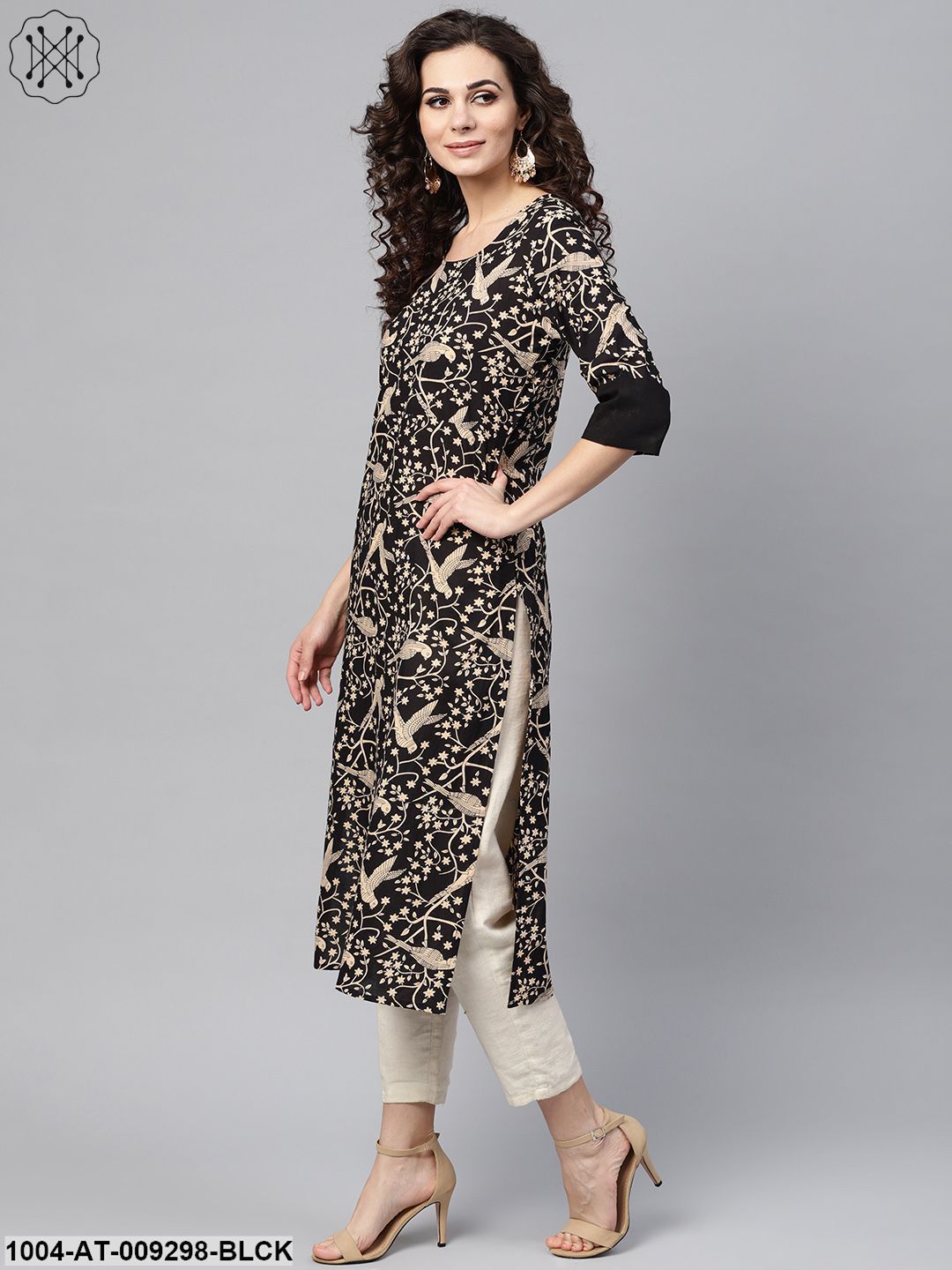 Black & Beige Printed Straight Kurta With Round Neck & Solid Black Cuff Detailing