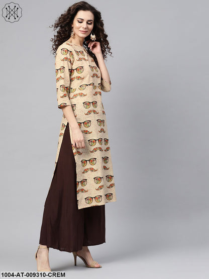 Cream Multi Colored Straight Kurta With Keyhole Neck & 3/4 Sleevs