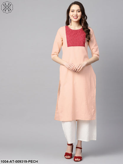 Peach Color Solid 3/4Th Sleeve Yoke Schiffli Detailing Straight Kurta