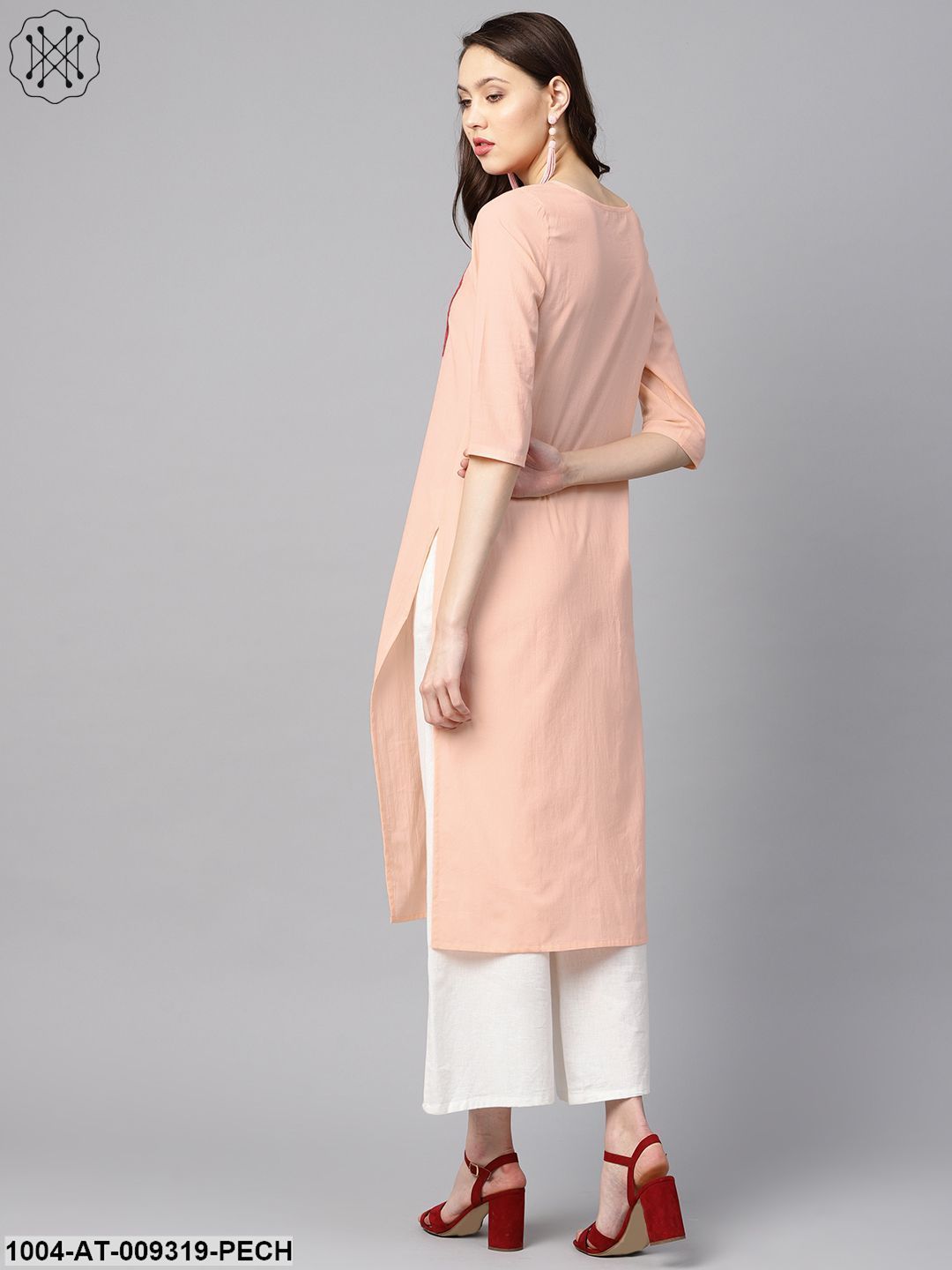 Peach Color Solid 3/4Th Sleeve Yoke Schiffli Detailing Straight Kurta