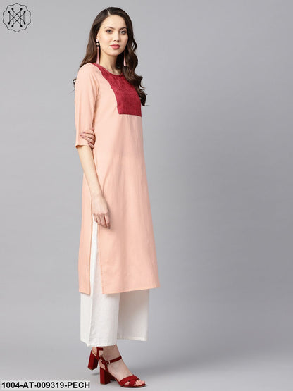 Peach Color Solid 3/4Th Sleeve Yoke Schiffli Detailing Straight Kurta