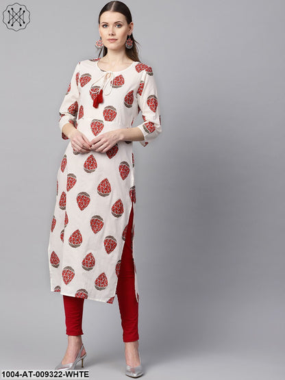 White & Red Printed Kurta With Keyhole Neck & 3/4 Sleeves