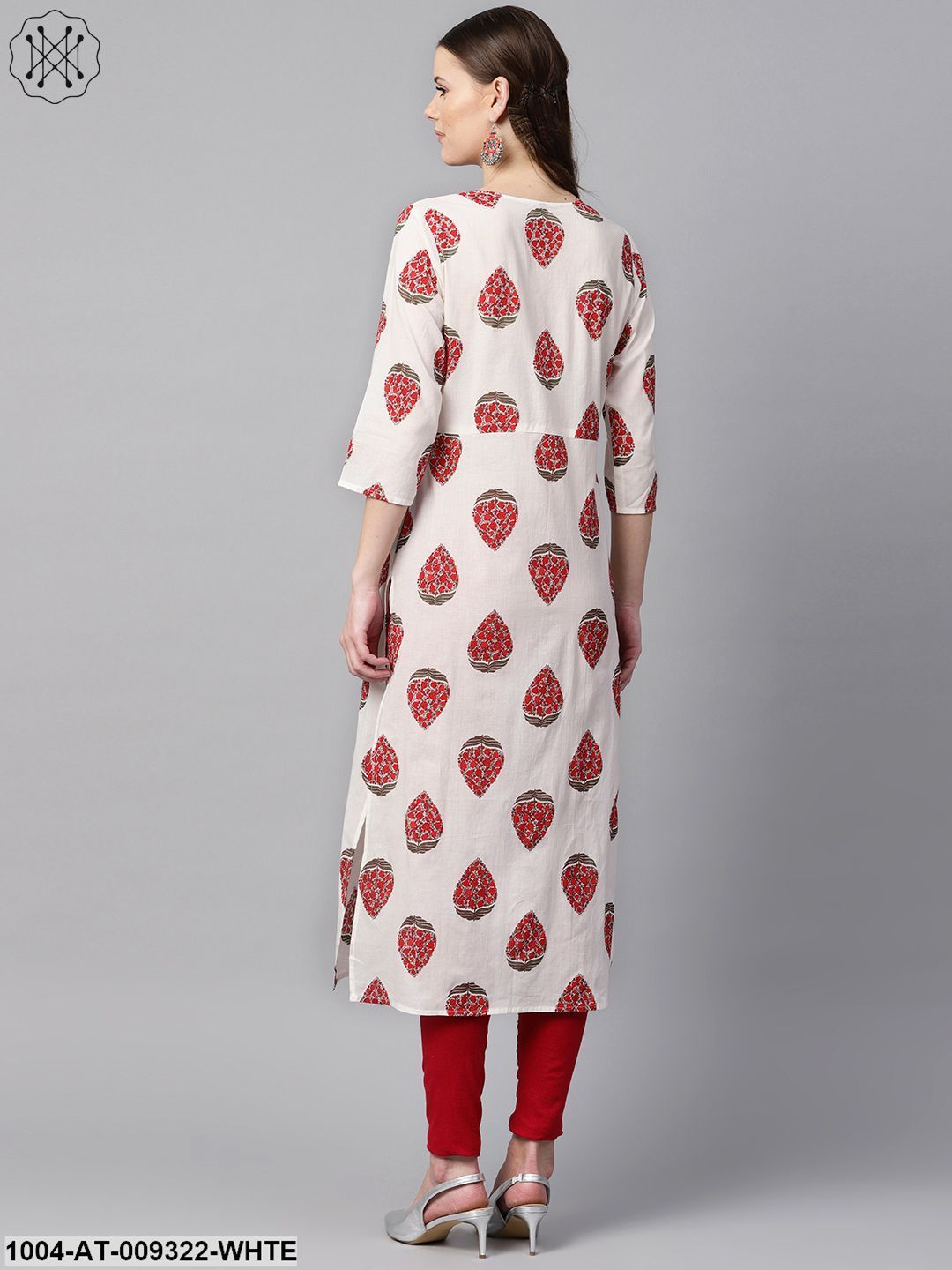 White & Red Printed Kurta With Keyhole Neck & 3/4 Sleeves