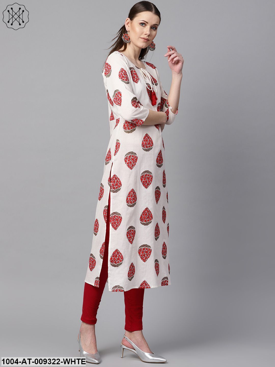 White & Red Printed Kurta With Keyhole Neck & 3/4 Sleeves