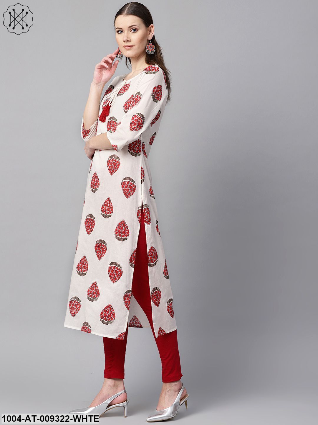 White & Red Printed Kurta With Keyhole Neck & 3/4 Sleeves