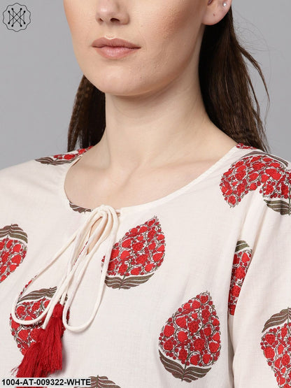 White & Red Printed Kurta With Keyhole Neck & 3/4 Sleeves