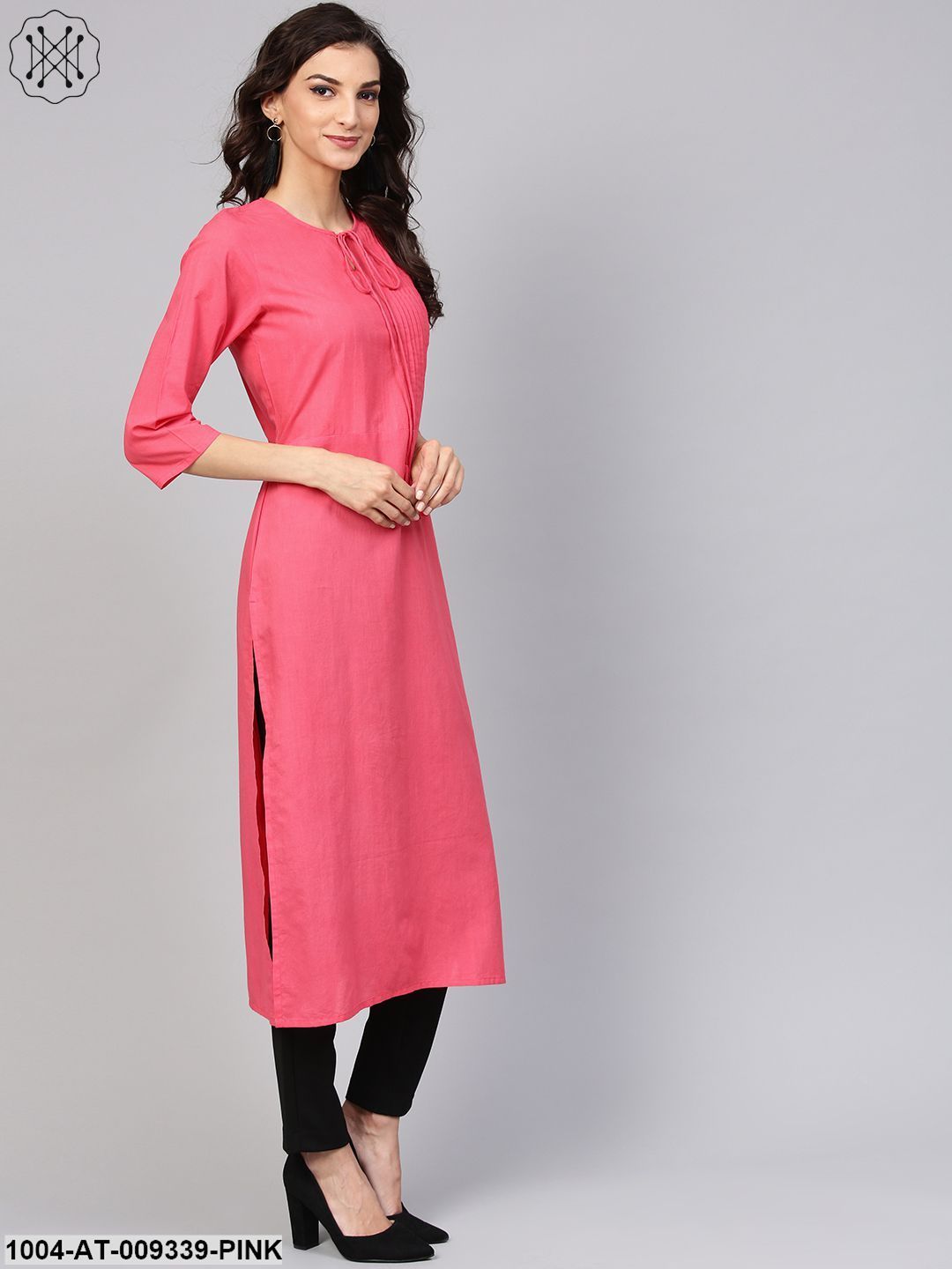 Cotton Pink Even Pleated Yoke With Keyhole Neckline & 3/4 Sleeves